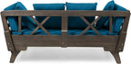 Christopher Knight Home Gary Patio Convertible Couch, Wooden Outdoor Daybed, 3-Seater Acacia Wood Patio Furniture Lounge Sofa for Backyard/Poolside/Garden, Back Pillow+Removable Cushion, Grey+Teal
