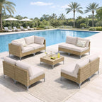 9-Piece Patio Furniture Set, Outdoor Wicker Sectional Sofa with Coffee Table, Anti-Slip & Thick All-Weather Cushions for Sunroom,Garden,Backyard, Beige