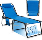 GYMAX Lounge Chairs for Outside, Extra High Folding Beach Tanning Lounger with Adjustable Backrest, Footrest & Removable Pillow, Sunbathing Lounge for Patio, Poolside (1, Navy with Pocket)