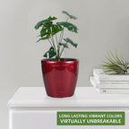 Dexceder 11x10 Inches High Gloss Self Watering Planter Indoor Outdoor, Inner Pot Design, Thickened Table Flower Plant Pot with Water Level Indicator (Red)