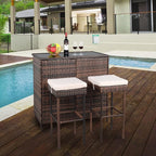 Outvita Wicker Patio Outdoor Bar Set with Glass Top Table and Two Cushioned Stools Brown Backyard Furniture Poolside, Garden, Porches