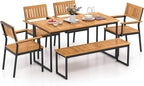 Tangkula 6 Pieces Outdoor Acacia Wood Dining Set, Patio Table and Chairs Set with Bench for 6-7 People, Outdoor Dining Furniture Set with 2" Umbrella Hole for Garden, Backyard and Poolside