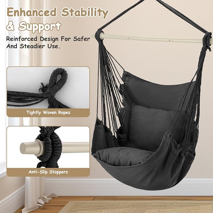 Black Macrame Hammock Chair with 2 Cushions and 350 lb Limit