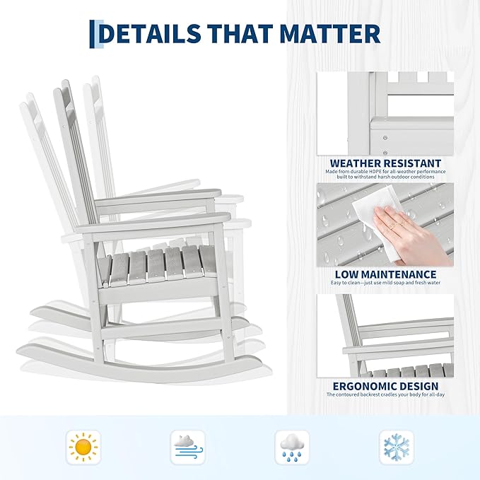 HDPE Rocking Chair Outdoor Set of 2 with Side Table - Poly High Back Porch Rocker Chairs for Adults - All Weather Resistant Furniture for Patio Front Porch - White