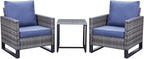 Belord Outdoor Bistro Set 3 Piece Outdoor Wicker Patio Chairs, Oversize Outdoor Rattan Seating Set, All-Weather Chairs Wicker Furniture with Metal Side Table and Water-Resistant Cushion for Outside