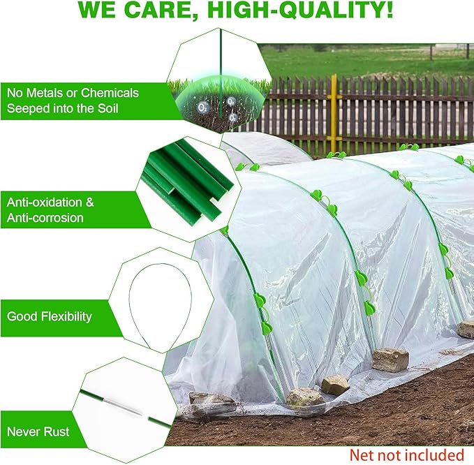 Garden Hoops for Raised Beds Row Cover, 36pcs 8ft Greenhouse Garden Grow Tunnel Netting Hoops, Greenhouse Support Hoops Garden Bed Hoops, Flexible Fiberglass DIY Hoops for Outdoor Plant, 24pcs Clips