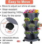 Vertical Planter 4 Tier Stackable Planters Garden Planters Strawberry Herb Flower and Vegetable Planter Indoor Outdoor Gardening Pots with Removable Wheels and Tools