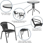Flash Furniture Lila 28'' Round Glass Metal Table with Black Rattan Edging and 2 Black Rattan Stack Chairs