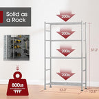 Storage Shelves - 4 Tier Shelf Organizer, Heavy Duty Garage Shelving Unit with Leveling Feet, Stable Metal Shelves Organizer for Pantry, Kitchen and Closet, 33.0" W x 12.6" D x 57.2" H, Silver