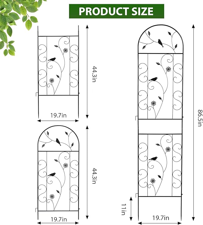 Metal Garden Trellis for Climbing Plants, 86.5" x 19.7" Metal Plant Trellis Outdoor, Black Iron Garden Trellis, Clematis Rrellis Outdoor, Arched Decoration Suitable for courtyards, lawns, Gard