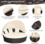 Tangkula Patio Round Daybed with Retractable Canopy, Outdoor Wicker Rattan Furniture Sets, Sectional Cushioned Sofa Set w/Height Adjustable Coffee Table, Rattan Conversation Sets (Beige)