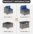 Aoxun Patio Furniture Sets, 15-Piece Outdoor Patio Furniture with 44'' Propane Gas Firepit Table, Wicker Outdoor Conversation Set Sectional Sofa for Backyard, Poolside, Garden