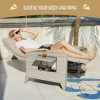Upgraded Outdoor Recliner Chair, Reclining Patio Chairs with Adjustable Back up to 150°Lay Flat and Extended Footrest, Wicker Recliner Chairs with Flip Table and Removable Olefin Cushion