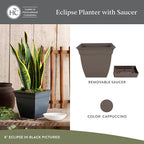The HC Companies 12 Inch Eclipse Square Planter Pots with Drainage Holes & Attached Saucer, Lightweight UV-Resistant Plastic Indoor Outdoor Planters, 2-Pack Flower Pots, Garden Home Decor, Cappuccino