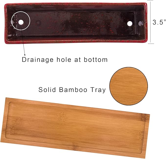 Succulent Pots - Large Succulent Planter Pots with Drainage, 12 Inch Long Rectangle Bonsai Pot with Bamboo Tray Shallow Ceramic Cactus Flower Planter Window Box for Home Garden Decor (Red)