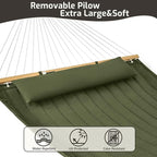 Double Quilted Fabric Hammock with Hardwood Spreader Bars and Pillow 450 LBS Capacity 2 Person Large Hammock for Outdoor Patio Backyard Poolside - Green