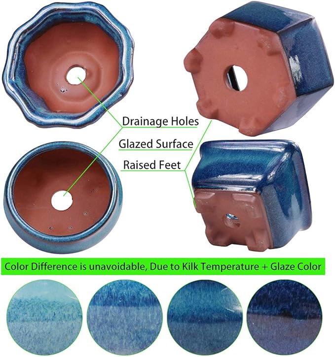 Planters: 6-Pack Blue Glazed Ceramic Mini Bonsai Pots with Drainage Holes