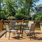 Tangkula 32" Round Outdoor Table with Tempered Glass Top, Patio Dining Table with Umbrella Hole & Metal Frame, Outside Bistro Table for Backyard, Lawn, Deck & Poolside
