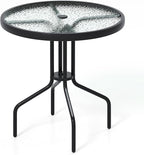 Tangkula 27.5 Inch Round Outdoor Dining Table with Tempered Glass Top, Outside Bistro Table with Umbrella Hole & Metal Frame, Patio Dining Table for Backyard, Lawn, Deck & Poolside