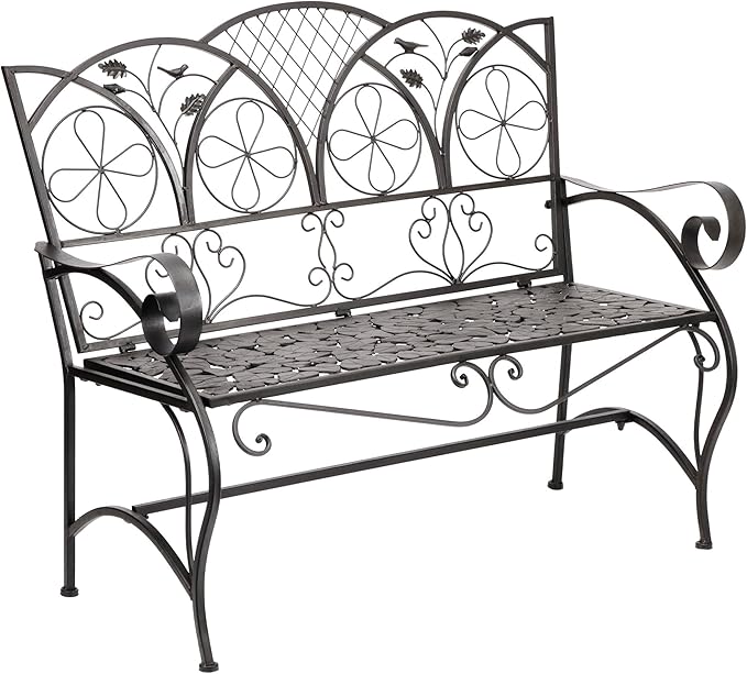 Alpine Corporation 45" Long Outdoor Metal Classic Bench with Stylish Patterns, Garden Furnitures - Brown