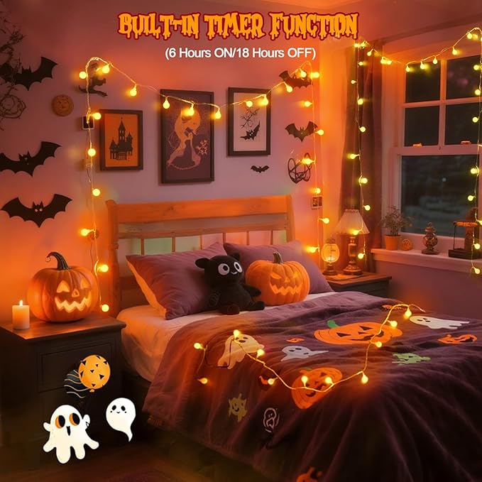 String Lights, 100 Orange LEDs, 43 FT Connectable Halloween Decor