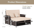 HAPPYGRILL Patio Rattan Wicker Daybed with Loveseat & Storage Ottoman, Outdoor Lounge Sofa Furniture Set with Adjustable Backrest & Side Trays, for Poolside Deck Porch Lawn (Mix Brown & Beige)