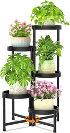 LASZOLA 5 Tiered Folding Plant Stand Indoor for Multiple Large Planter, Tall Heavy Duty Adjustable Rack with Rust Proof Plastic Shelving, Sturdy Vertical Tree Organizer for Narrow Inside Floor, Black