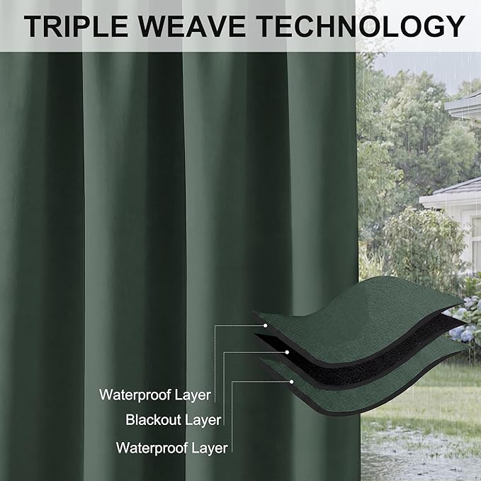 RYB HOME Outdoor Curtains for Patio Waterproof Block Sunlight Thermal Insulated Privacy Assured Thick Outside Curtains for Porch, Gazebo, Pergola, W52 x L84, Dark Green, 1 Panel