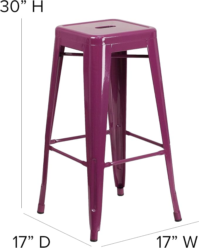 Backless Bar Stool, 30 Inch Purple Metal Indoor-Outdoor Seat
