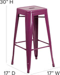 Backless Bar Stool, 30 Inch Purple Metal Indoor-Outdoor Seat