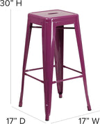 Backless Bar Stool, 30 Inch Purple Metal Indoor-Outdoor Seat