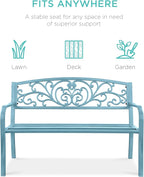 Best Choice Products Outdoor Bench Steel Garden Patio Porch Furniture for Lawn, Park, Deck w/Floral Design Backrest, Slatted Seat - Sky Blue