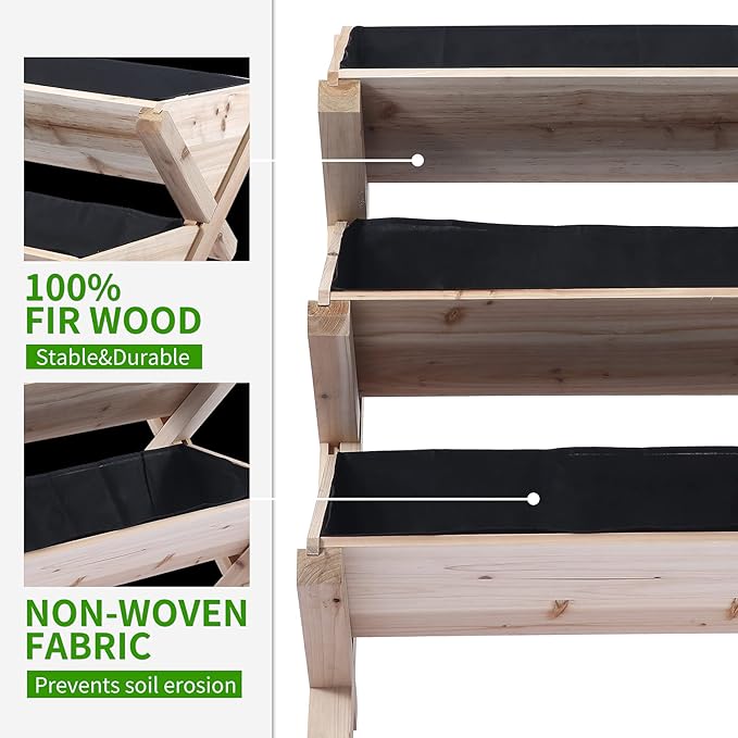 Raised Garden Bed, 3-Tier Vertical Wooden Planter with Legs, Beige