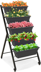 Giantex Vertical Raised Garden Bed on Wheels, Elevated Planter Raised Beds with Water Drainage, Freestanding 5 Container Boxes for Vegetables and Flowers Growing, Outdoor Indoor Patio Balcony