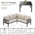 Patio Furniture Set, 6-piece Metal Sectional Furniture Sofa with Coffee Table, L Shaped Outdoor Couch with Olefin Cushion, Highback Frame, Outdoor Patio Conversation Sets for Balcony Backyard, Beige