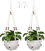35 Inch Macrame Plant Hanger, Large for up to 15 Inch Pot Extra Long Hanging Planter Holder Basket with Wood Beads for Indoor Outdoor Home Decor (Ivory, 2-Pack)