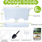 Window Box Planter 6 Packs, 13.8 Inches Rectangle Flower Pots with Drainage Holes & Trays, Pots for Vegetables, Herbs, Flowers, Garden Windowsill Balcony (Translucent White)