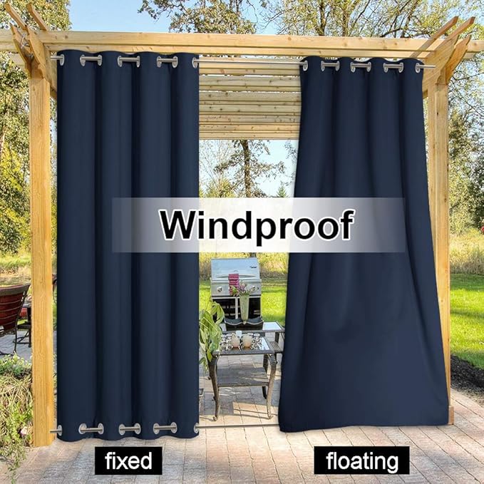 NICETOWN 2 Panels Outdoor Curtains for Patio Waterproof, Rustproof Top and Bottom Grommet Windproof Drapes Thermal Insulated Blackout Outdoor Blinds for Porch/Gazebo, W52 x L84, Navy Blue