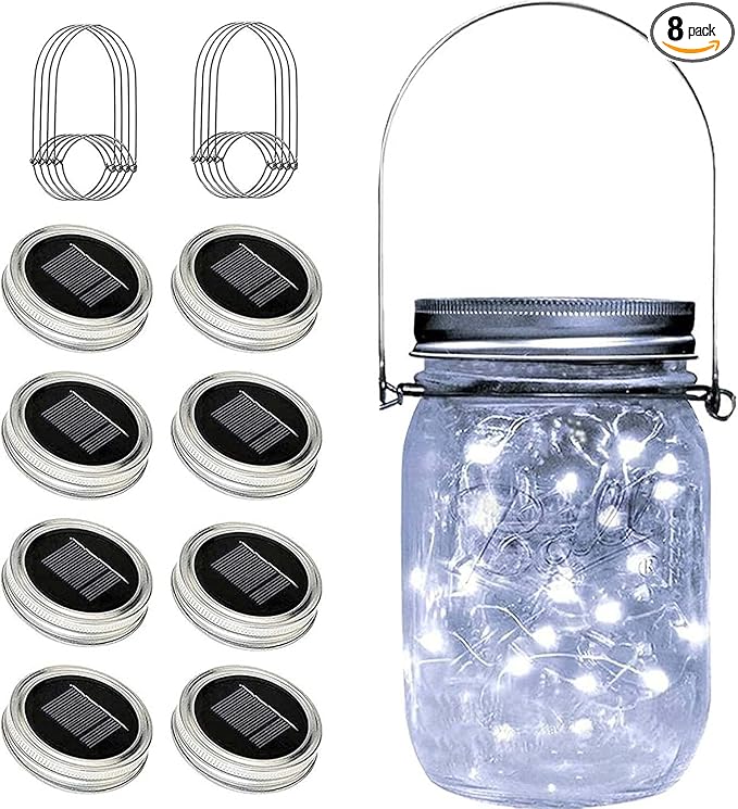 Solar String Lights for Mason Jar Lids, 8 Pack, Cold White Copper Wire