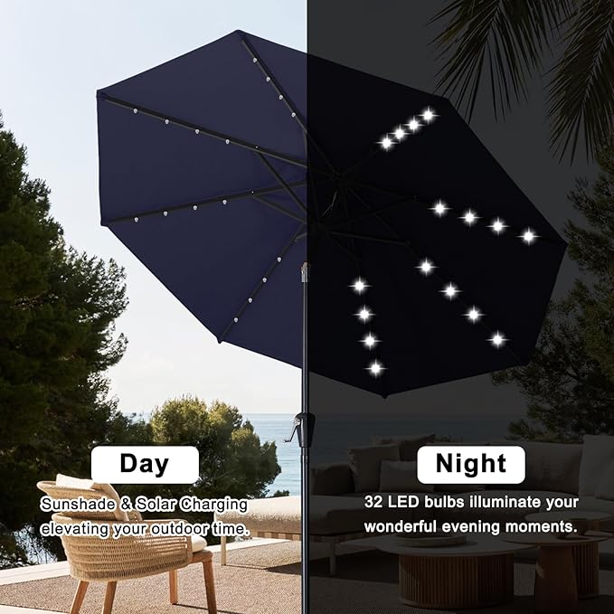 ABCCANOPY Durable Solar Led Patio Umbrellas with 32LED Lights 9FT (Deep Blue)