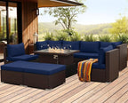 NICESOUL 9 Piece Patio Furniture Set with Fire Pit Natural Gas/Propane, 29.3'' High Back Comfy Outdoor Wicker Conversation Set, XL Large Deep Sitting Sectional Sets, Brown Rattan and Navy Blue Cushion