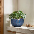10 Inch Plant Pot - Ceramic Planter for Indoor Outdoor, Round Bonsai Pots, Decorative Flower Pots with Drainage Hole, Modern Unique Planters, House Decor, Home Gifts, Retro Blue
