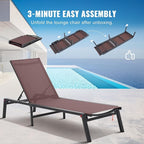 VEVOR Chaise Lounge Chair Outdoor, Aluminum Patio Lounge Chairs with Adjustable 5-Position, Folding Pool Chair Recliner and Full Flat Tanning Chairs for Patio, Beach, Pool, Brown