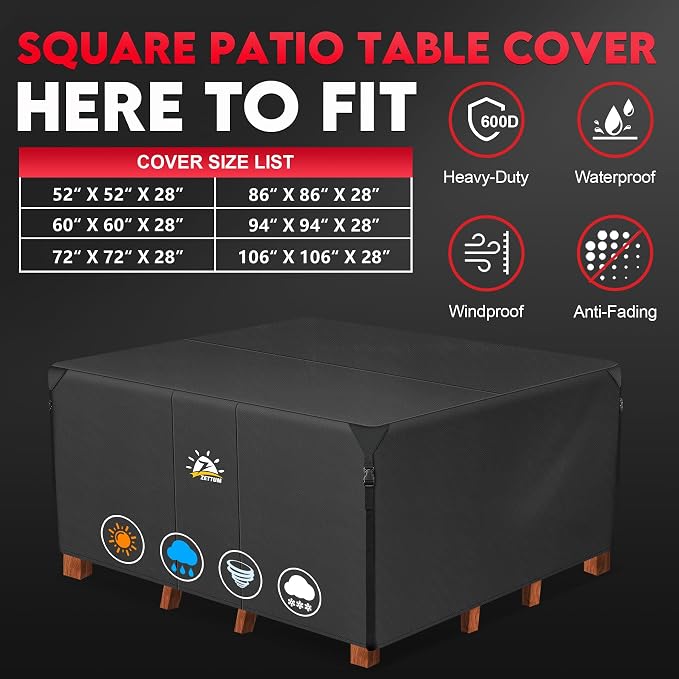 Furniture Set Covers for Square Patio Table, 600D Waterproof, Black