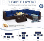NICESOUL 7 Piece Large Size Patio Sectional Furniture Set with Firepit Propane/Natural Gas, 29.3'' High Back Outdoor Sofa Conversation Couch, Tall Wide Deep Sitting, Brown Rattan and Navy Cushion