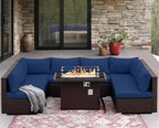 NICESOUL Large Size 9 Pcs Outdoor Patio Sectional Sofa Set with Firepit Natural Gas/Propane, 29.3'' High Back Conversation Sectional Couch Sets Deep Wide Sitting, Brown Rattan and Navy Blue Cushion