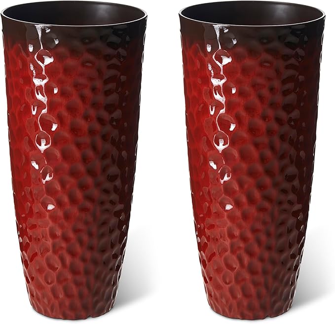 Glitzhome 31" H Large Plastic Tall Planters,Set of 2 Honeycomb Textured Gradient Red Tall Plant Pots with Drainage Holes,Oversized Planters Flower Pots for Indoor Outdoor Front Porch Patio