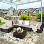 Tangkula 6 Piece Patio Furniture Set, Outdoor Deck Lawn Backyard Durable Steel Frame PE Rattan Wicker Sectional Sofa Set, Conversation Set with Coffee Table (Beige)