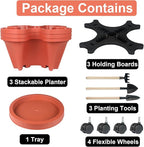 GameXcel Vertical Planter 3 Tier Stackable Planters Garden Planters Strawberry Herb Flower and Vegetable Planter Indoor Outdoor Gardening Pots with Removable Wheels and Tools