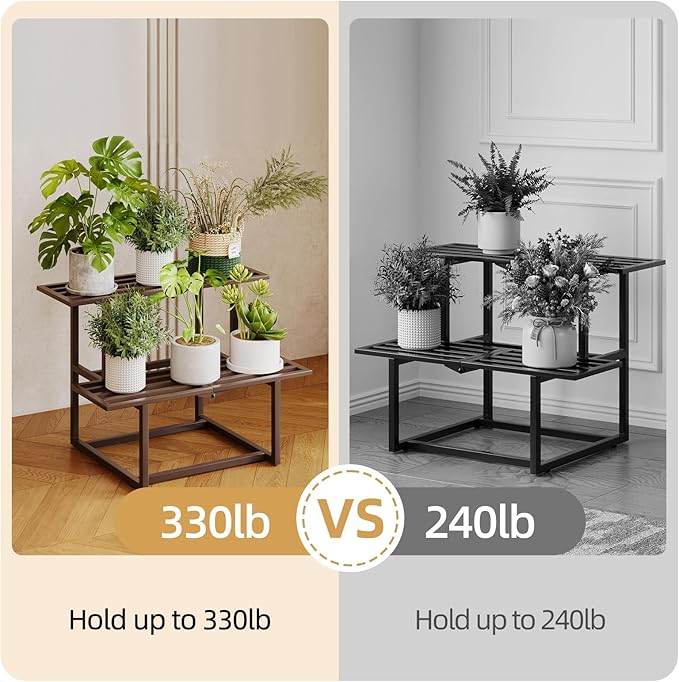 Metal Plant Stand, Foldable Heavy Duty Indoor, Window Iron Plant Shelf - Mid Century Modern Slatted Display for Patio, Garden, Living Room Load Bearing 330 lbs 26" L x 20.2" H x 17.7" W 2 Tier Coffee